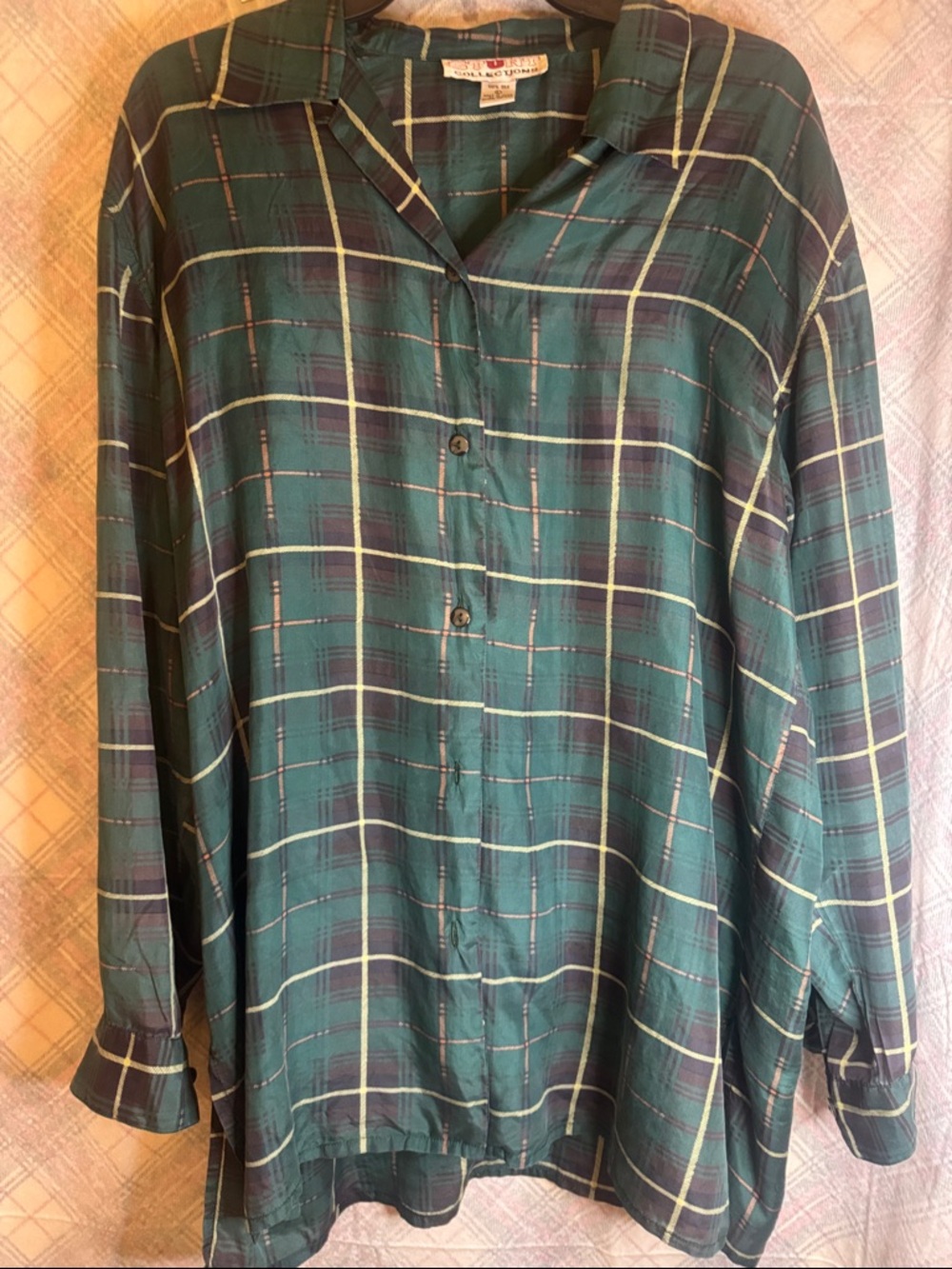 100% Silk Green Plaid Button-Down Shirt